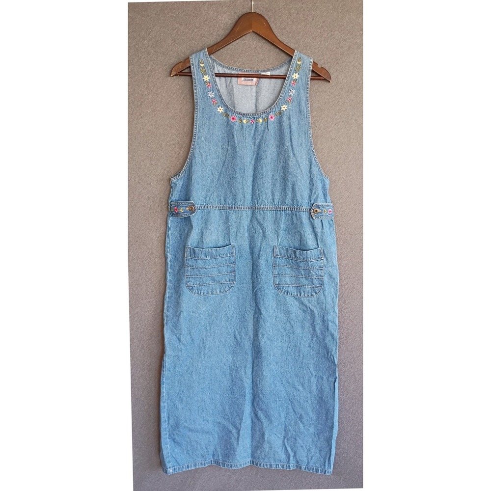 Vintage Premier International Denim Floral Embroidered Jumper Dress Large Blue